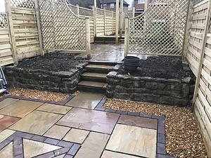 patio and stone raised beds ready for planting
